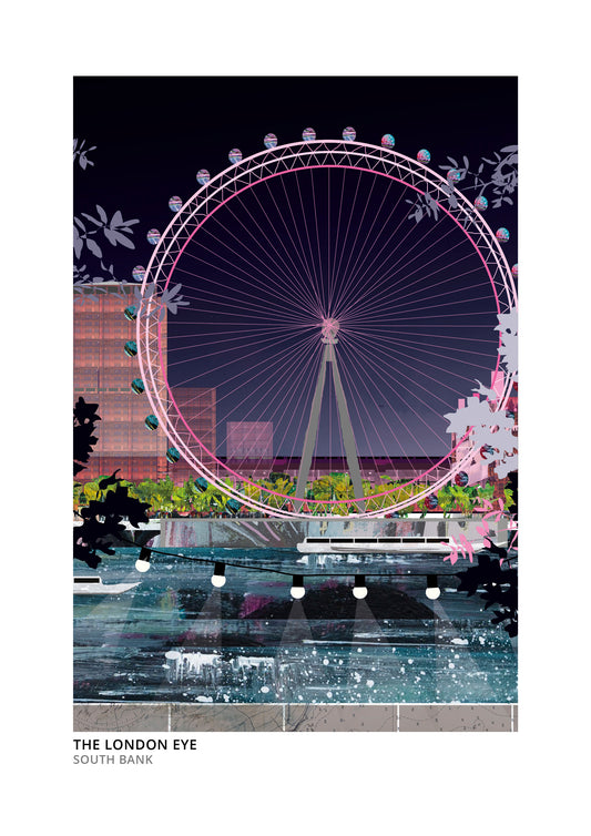London Eye art print by Vicki Shortt, night-time design, the observation wheel on the South Bank in London
