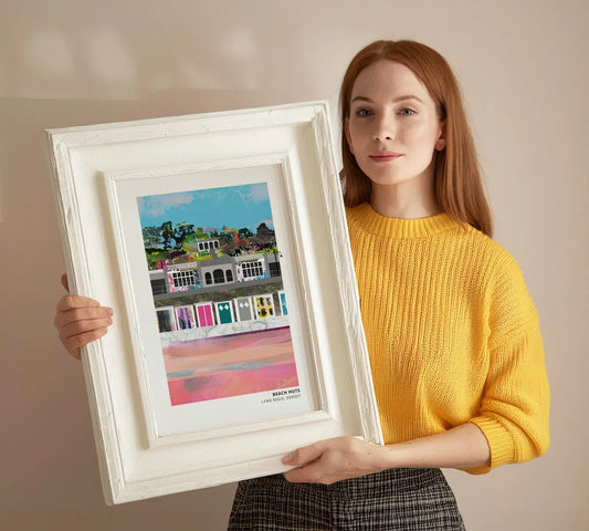 Lyme Regis Beach Huts art print by Vicki Shortt, the beach huts along the front at Lyme Regis, Dorset, framed in a room setting
