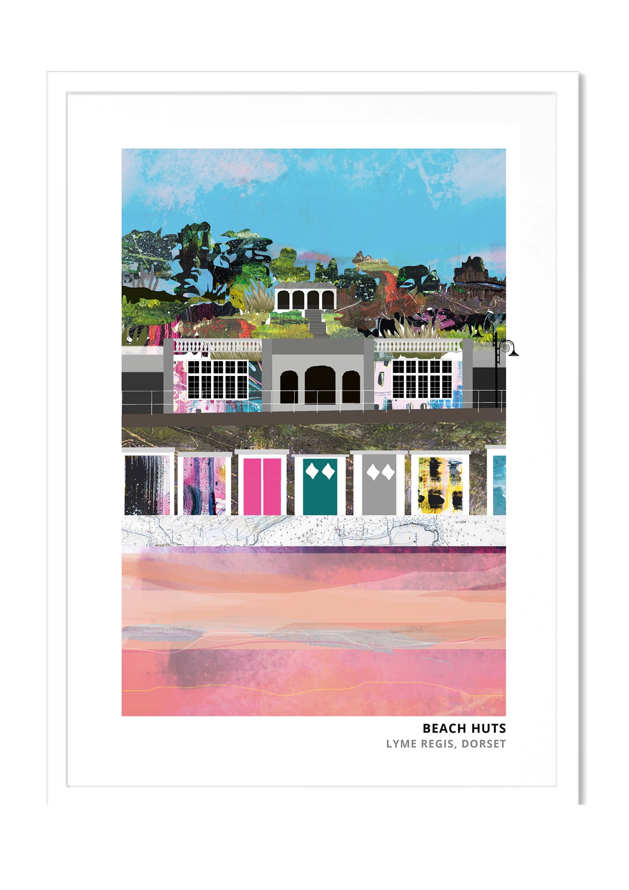 Lyme Regis Beach Huts art print by Vicki Shortt, the beach huts along the front at Lyme Regis, Dorset, in a white frame