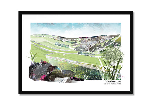 Malham Cove art print by Vicki Shortt, the curved limestone amphitheatre in the Yorkshire Dales, in a black frame