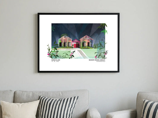 Manor House Lindley art print by Vicki Shortt, the manor house at Lindley, Huddersfield, framed in a room setting