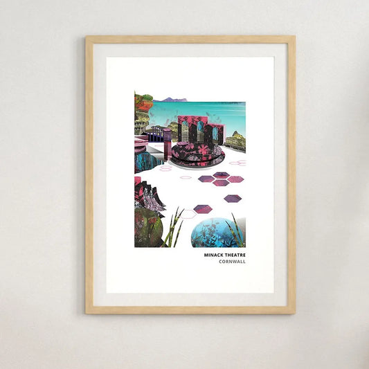 Minack Theatre art print by Vicki Shortt, the open-air theatre carved into the cliffs at Porthcurno, Cornwall, framed in a room setting