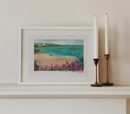 Mother Ivey's Bay art print by Vicki Shortt, the bay near Padstow on the north Cornish coast, framed in a room setting