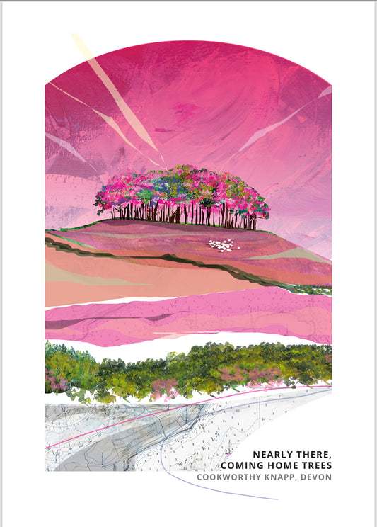 Nearly There Trees art print by Vicki Shortt, Pinks colourway, the beech clump at Cookworthy Knapp beside the A30 in Devon, shown as a flat print