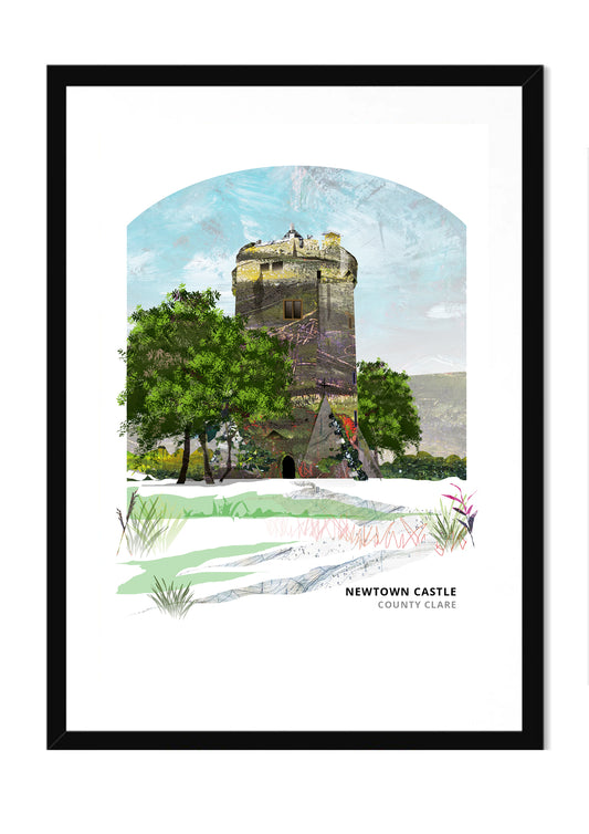 Newtown Castle Ireland, art print by Vicki Shortt, the round tower house in the Burren, County Clare, Ireland, in a black frame