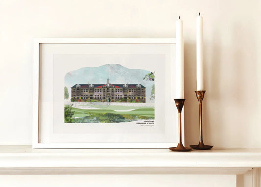 Penistone Grammar School art print by Vicki Shortt, the grammar school at Penistone, South Yorkshire, framed in a room setting
