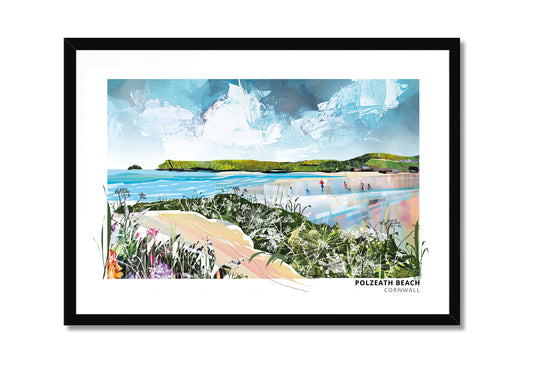 Polzeath art print by Vicki Shortt, the surf beach at Polzeath on the north Cornish coast, in a black frame