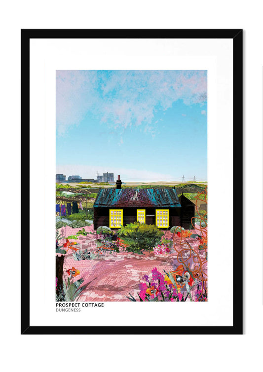 Prospect Cottage art print by Vicki Shortt, Derek Jarman's black timber cottage on the shingle at Dungeness, Kent, in a black frame