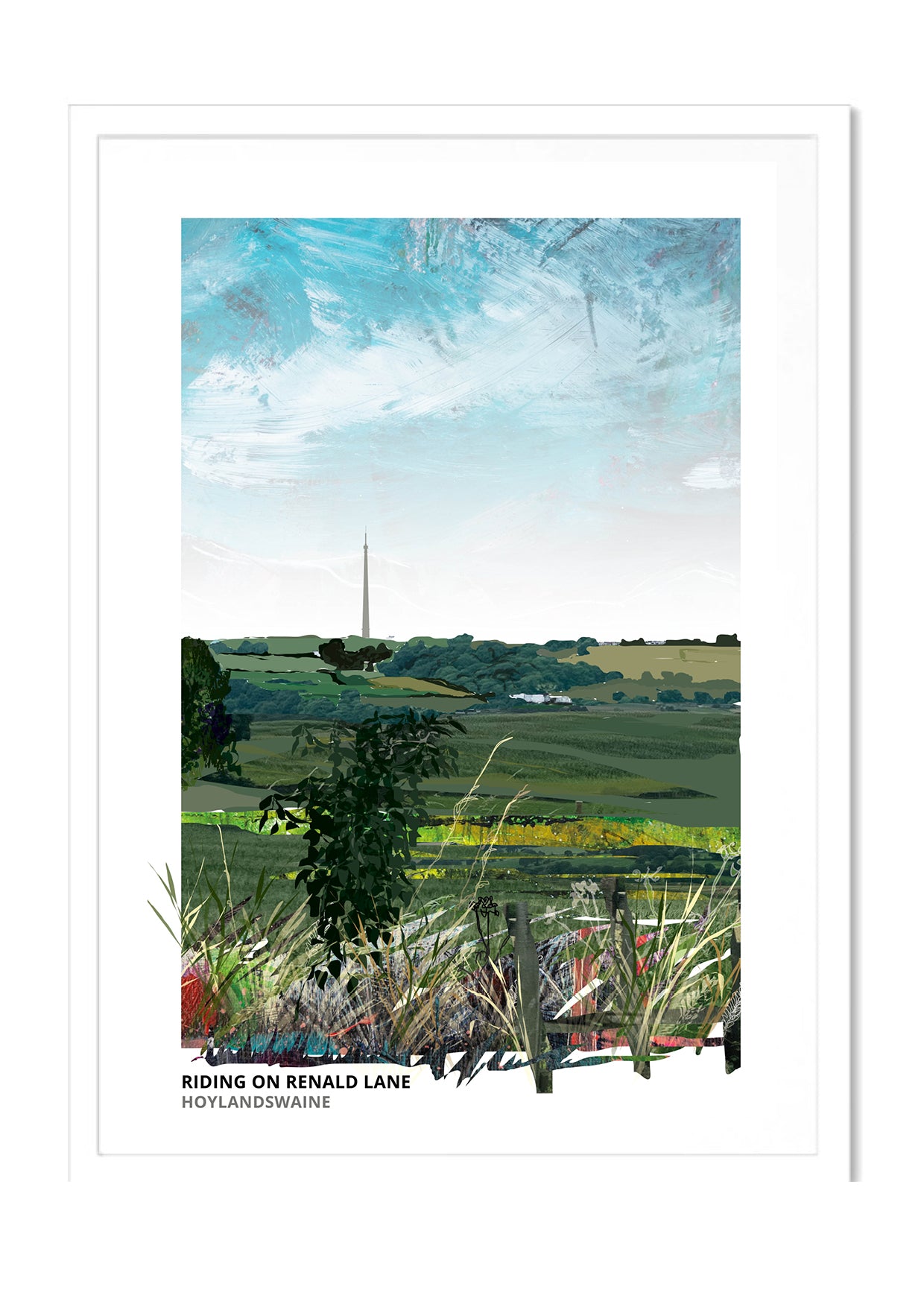 Riding on Renald Lane art print by Vicki Shortt, horse riding on Renald Lane at Hoylandswaine, South Yorkshire, in a white frame