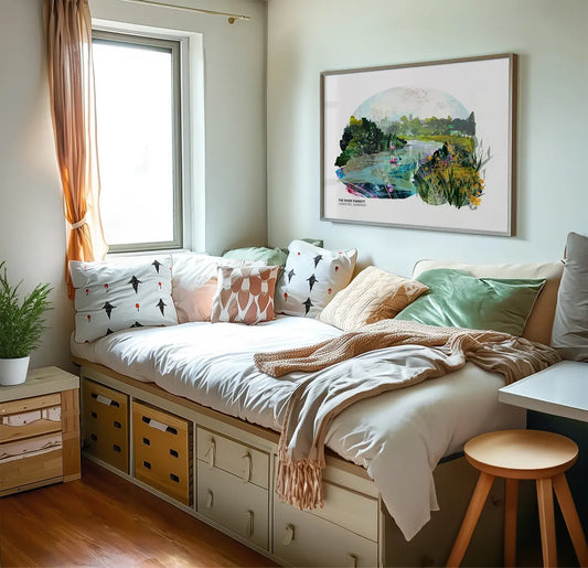 River Parrett Langport art print by Vicki Shortt, the river winding through the Somerset Levels, framed in a room setting