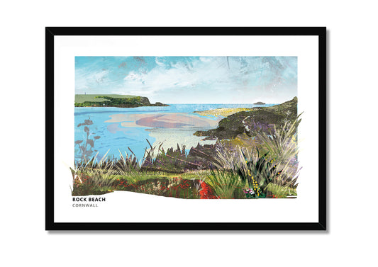Rock Beach art print by Vicki Shortt, the beach on the Camel Estuary in Cornwall, in a black frame