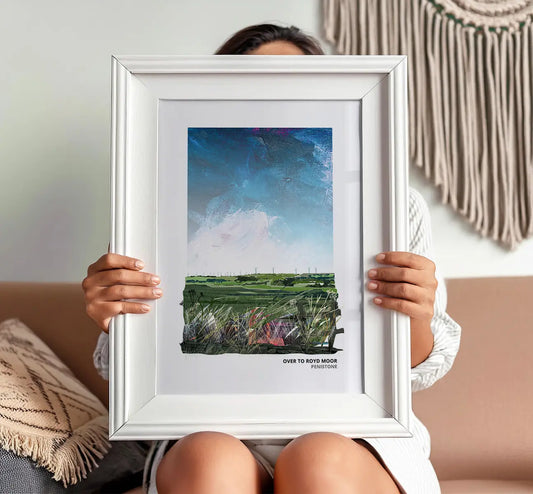Royd Moor Penistone art print by Vicki Shortt, the view over to Royd Moor and its wind turbines near Penistone, framed in a room setting