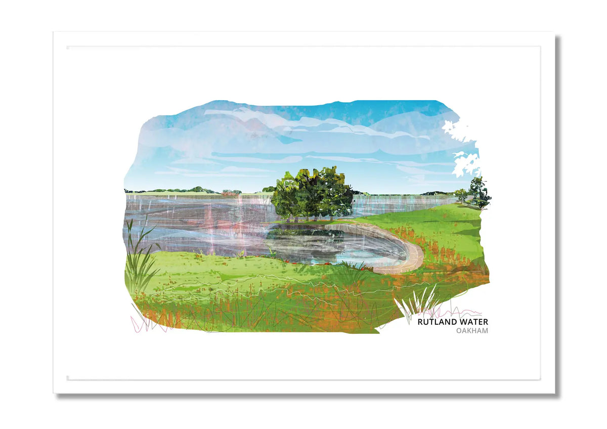 Rutland Water art print by Vicki Shortt, the wide skies and open shoreline of the reservoir in Rutland, in a white frame