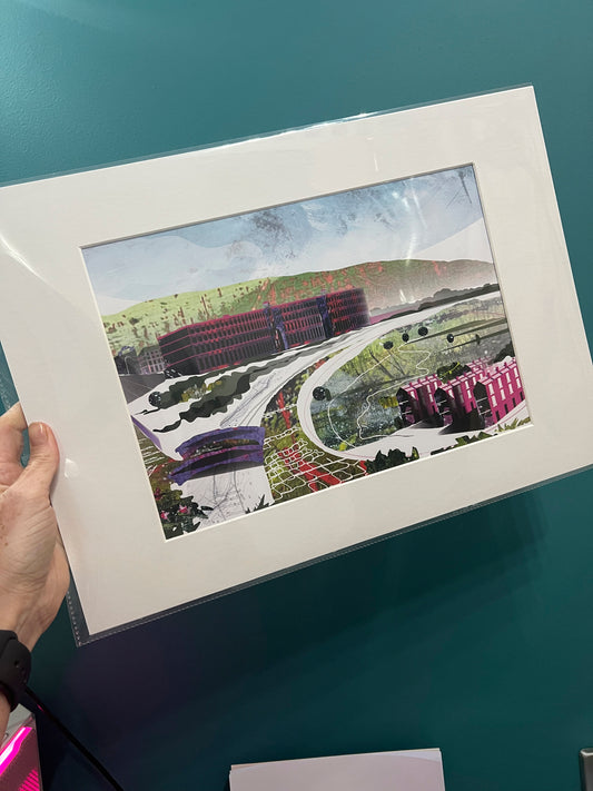 Salts Mill art print by Vicki Shortt, the Victorian mill at Saltaire, West Yorkshire, shown mounted