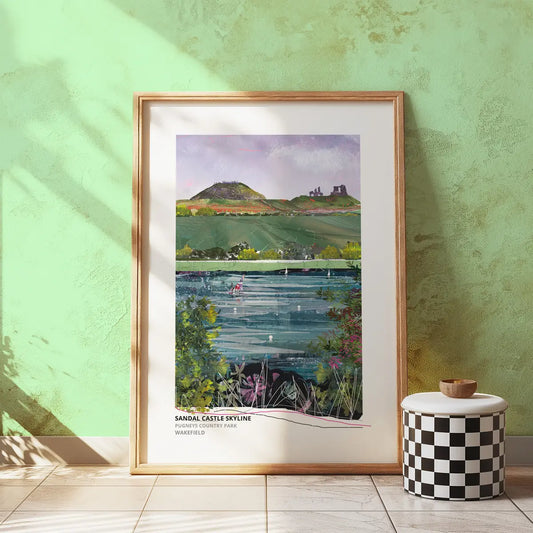 Sandal Castle Skyline art print by Vicki Shortt, the castle ruins on their mound above Wakefield, framed in a room setting
