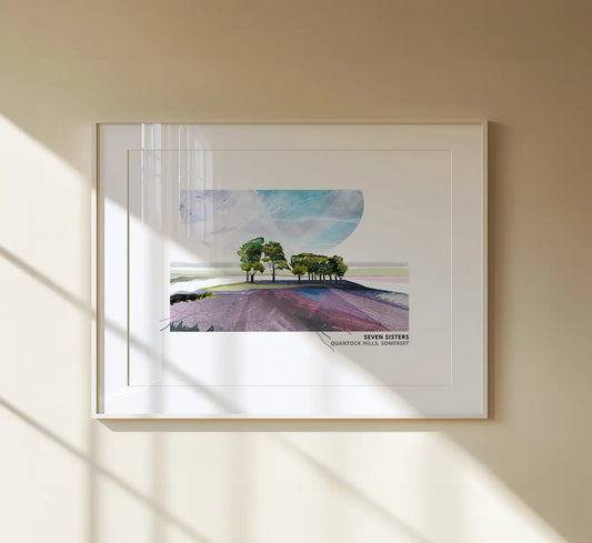 Seven Sisters, Quantocks art print by Vicki Shortt, the line of trees known as the Seven Sisters on the Quantock Hills, framed in a room setting