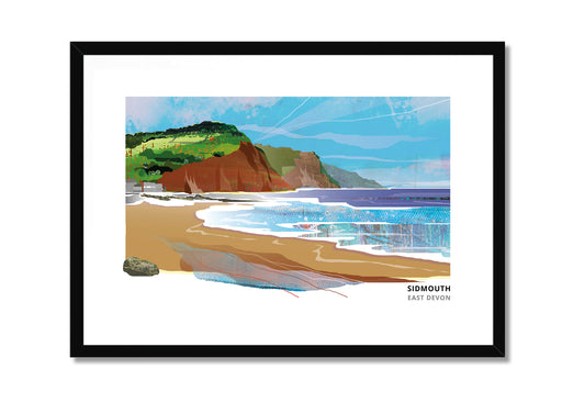 Sidmouth art print by Vicki Shortt, the red cliffs and seafront at Sidmouth, East Devon, in a black frame