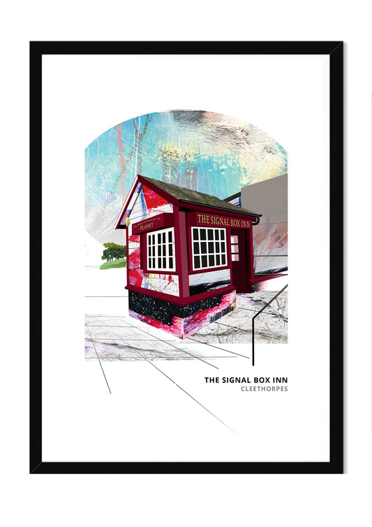 Signal Box Inn art print by Vicki Shortt, the tiny converted signal box pub at Cleethorpes, in a black frame