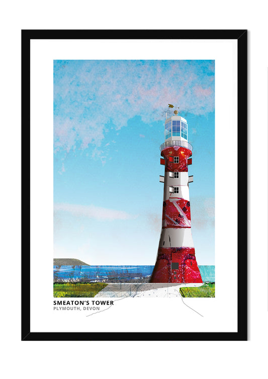 Smeaton's Tower art print by Vicki Shortt, the red and white lighthouse on Plymouth Hoe, Devon, in a black frame