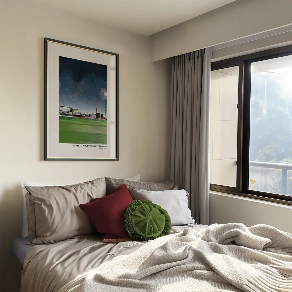 Somerset County Cricket Ground art print by Vicki Shortt, the county cricket ground beside the River Tone, portrait format, framed in a room setting