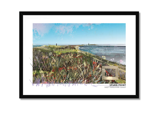 Spurn Point art print by Vicki Shortt, the lighthouse on the sand spit at Spurn Point, East Yorkshire, in a black frame