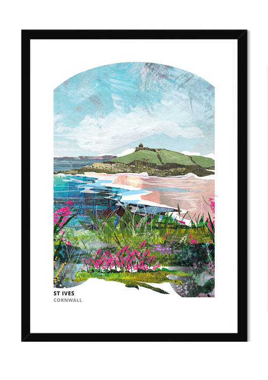 St Ives art print by Vicki Shortt, the harbour and rooftops of St Ives, Cornwall, in a black frame