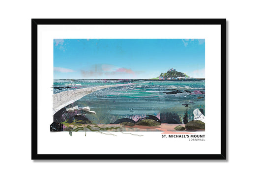 St Michael's Mount art print by Vicki Shortt, the tidal island and causeway at Marazion, Cornwall, in a black frame