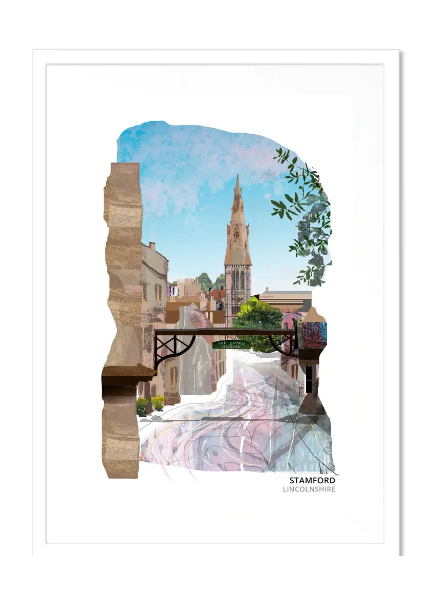 Stamford art print by Vicki Shortt, the main road into Stamford framed by the gallows sign of The George Hotel, Lincolnshire, in a white frame