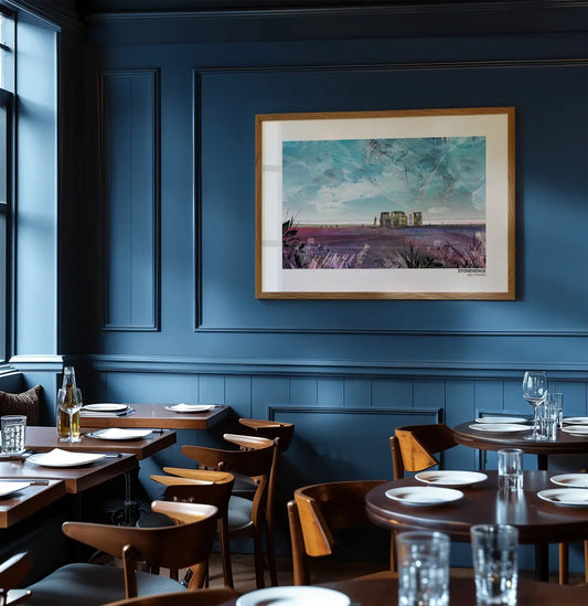 Stonehenge art print by Vicki Shortt, the standing stones on Salisbury Plain, Wiltshire, framed in a room setting