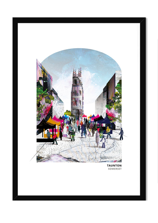 Taunton art print by Vicki Shortt, the county town of Taunton in Somerset, in a black frame