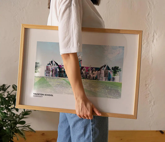 Taunton School art print by Vicki Shortt, the school buildings at Taunton, Somerset, framed in a room setting