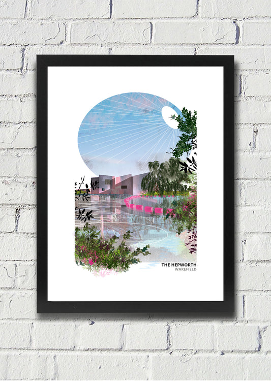 The Hepworth, Wakefield art print by Vicki Shortt, the riverside gallery beside the River Calder, in a black frame