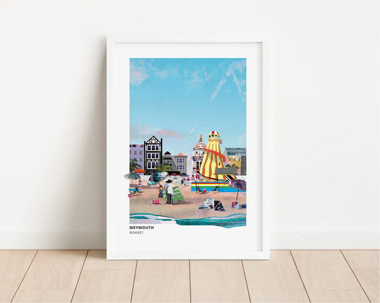 Weymouth Beach art print by Vicki Shortt, the sands and seafront at Weymouth, Dorset, framed in a room setting