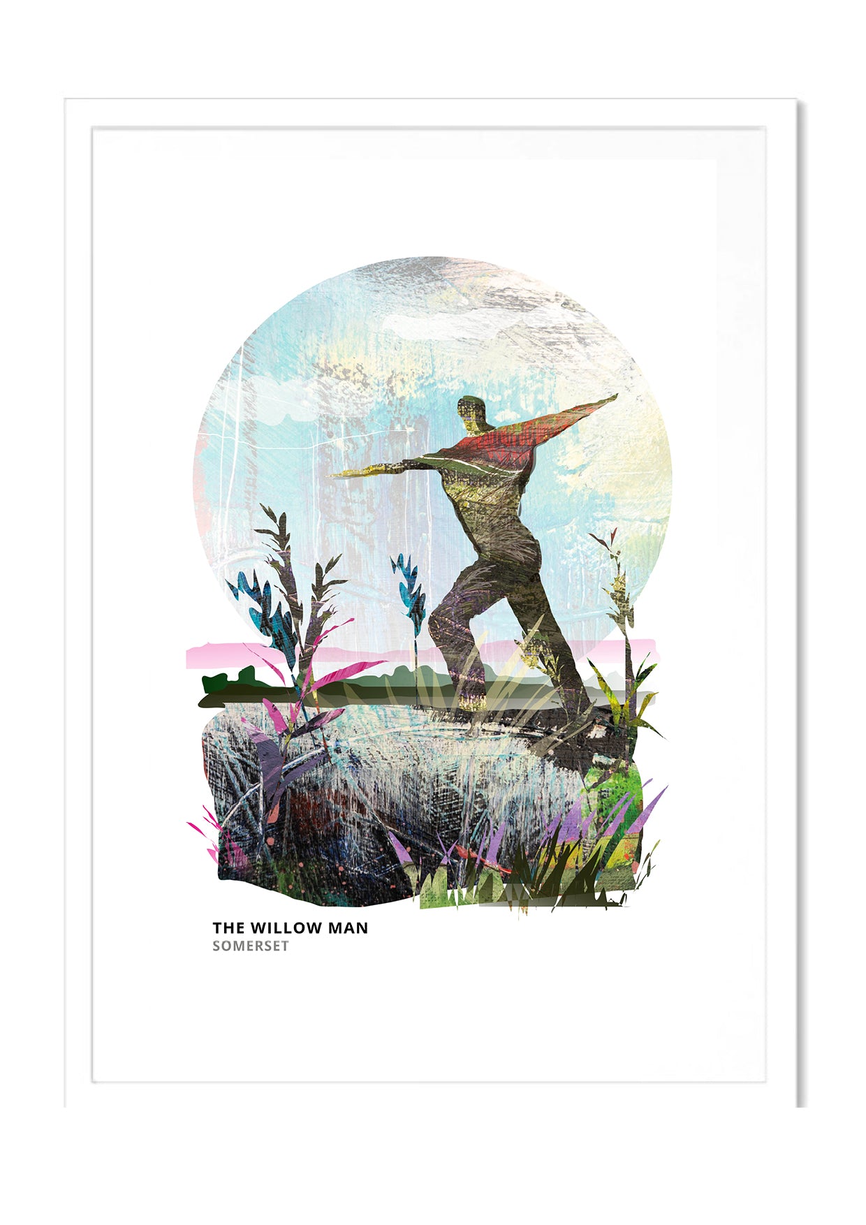 Willow Man art print by Vicki Shortt, the willow sculpture standing beside the M5 in Somerset, in a white frame
