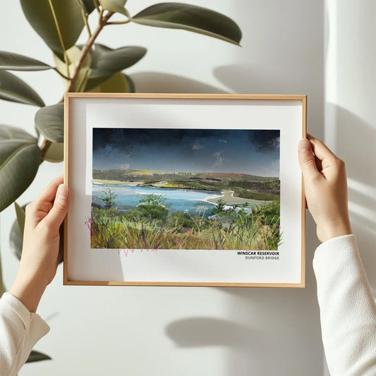 Winscar Reservoir art print by Vicki Shortt, the reservoir at Dunford Bridge, South Yorkshire, framed in a room setting