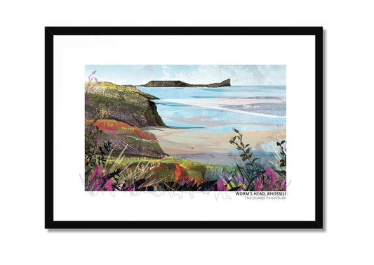 Worm's Head, Rhossili art print by Vicki Shortt, the tidal island at the end of Rhossili Bay on the Gower Peninsula, in a black frame
