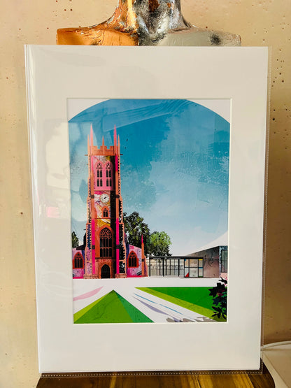 20-21 Visual Arts Centre art print by Vicki Shortt, the former St John's Church, now an arts centre, in Scunthorpe, shown mounted, alternative view