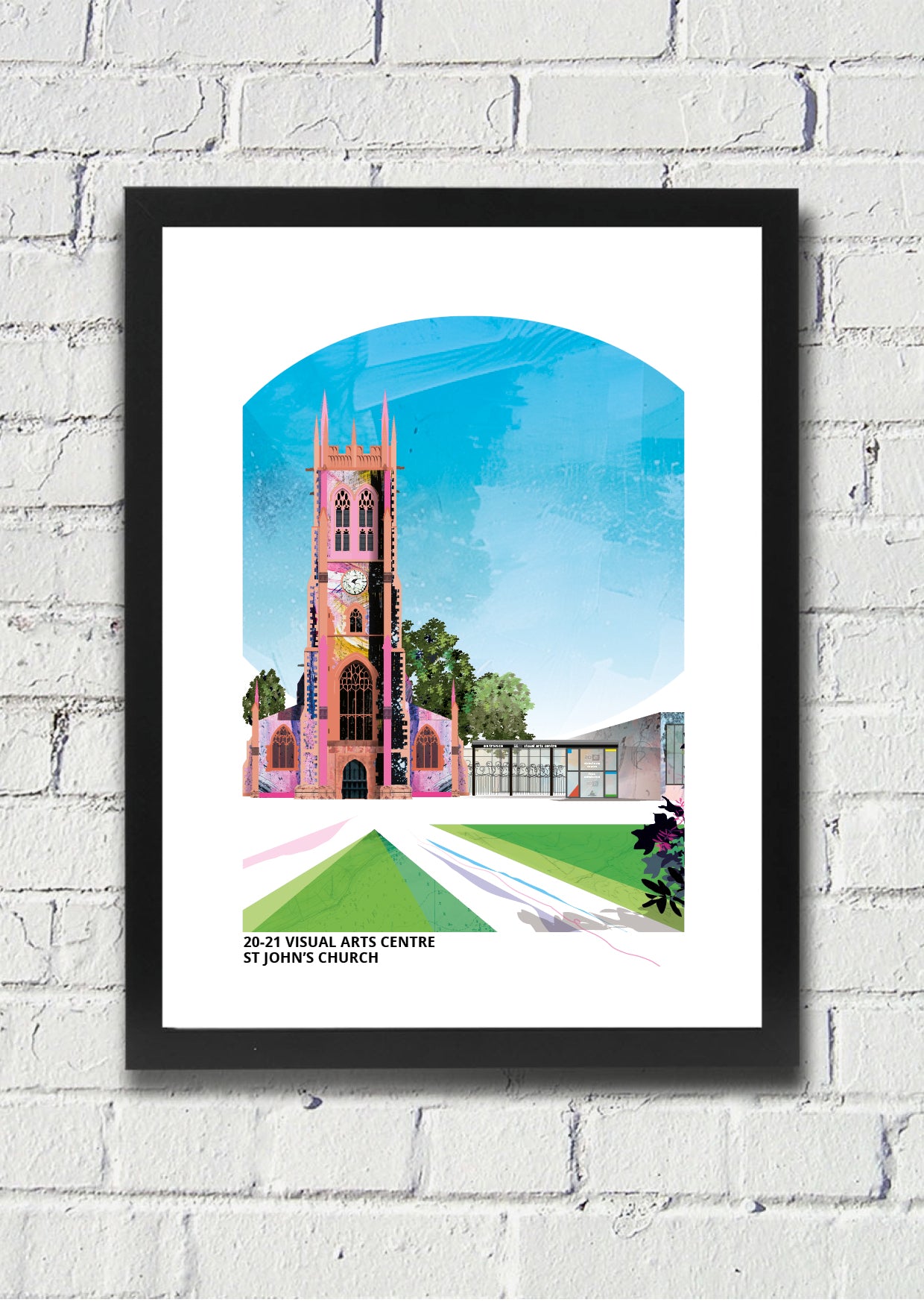 20-21 Visual Arts Centre art print by Vicki Shortt, the former St John's Church, now an arts centre, in Scunthorpe, in a black frame