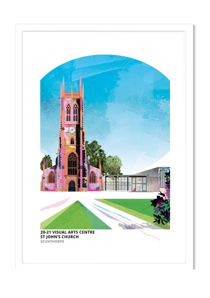 20-21 Visual Arts Centre art print by Vicki Shortt, the former St John's Church, now an arts centre, in Scunthorpe, in a white frame