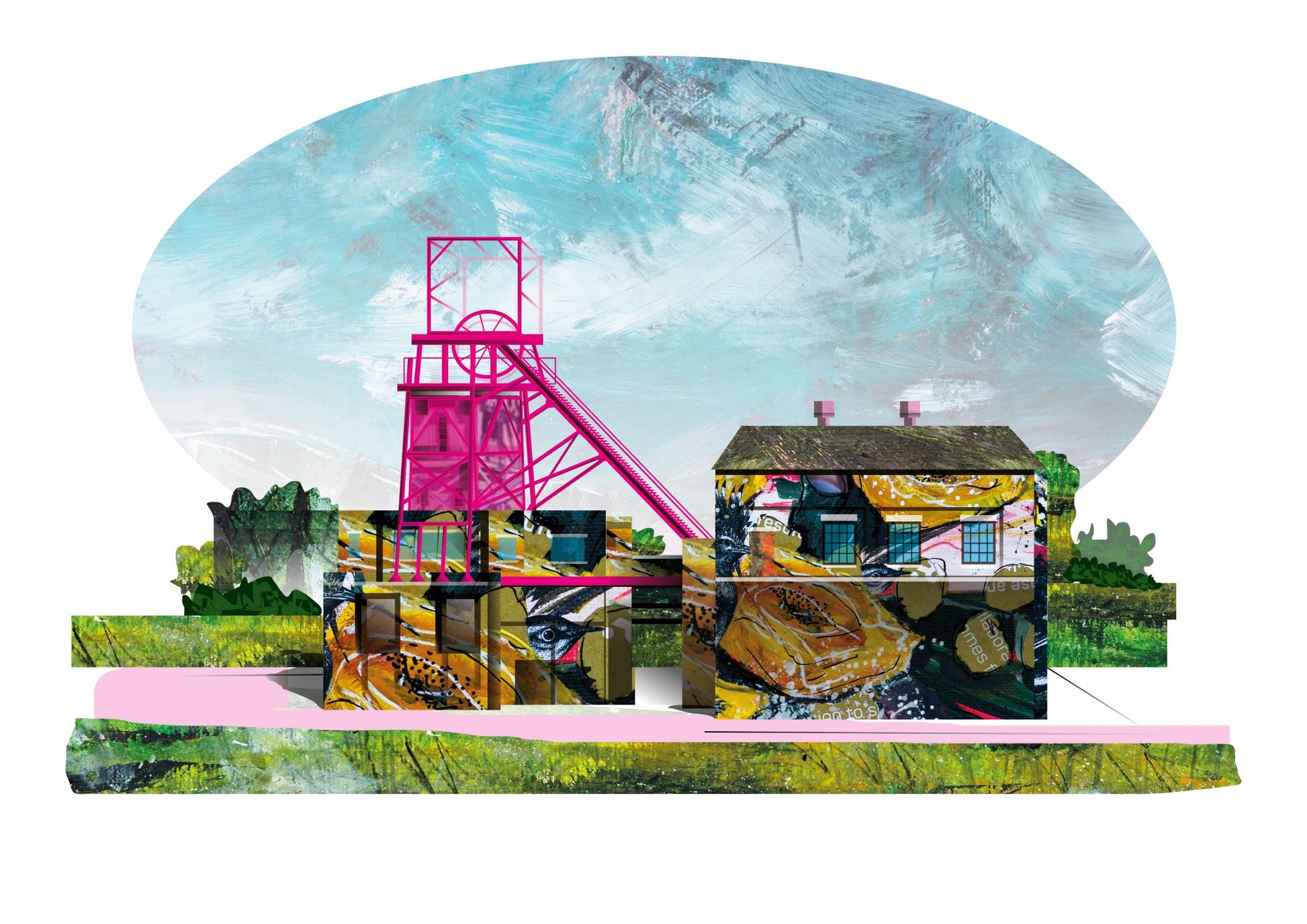 A stylised collage artwork showing a small house, a bright pink mining headframe, and textured landscape elements under a pale blue sky, isolated on a white background.