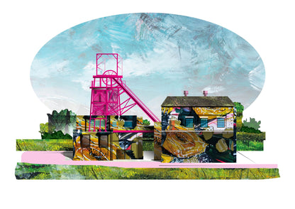 A stylised collage artwork showing a small house, a bright pink mining headframe, and textured landscape elements under a pale blue sky, isolated on a white background.