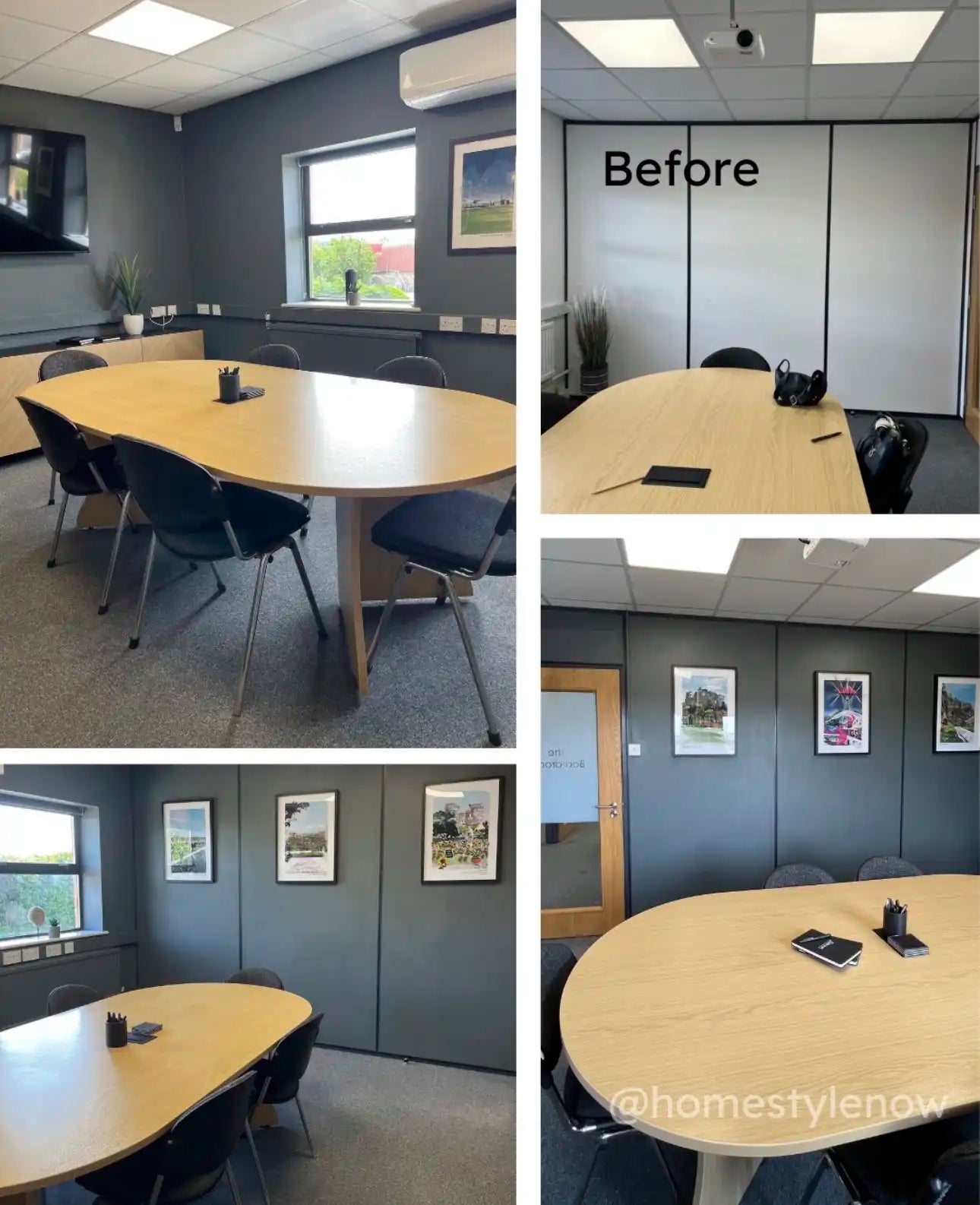 Corporate Landscape Art - A four-panel before-and-after comparison collage of a meeting room. The left panel and bottom panels show the fully furnished room with a large oval light wood conference table, black chairs, windows, framed wall art, and gray walls.