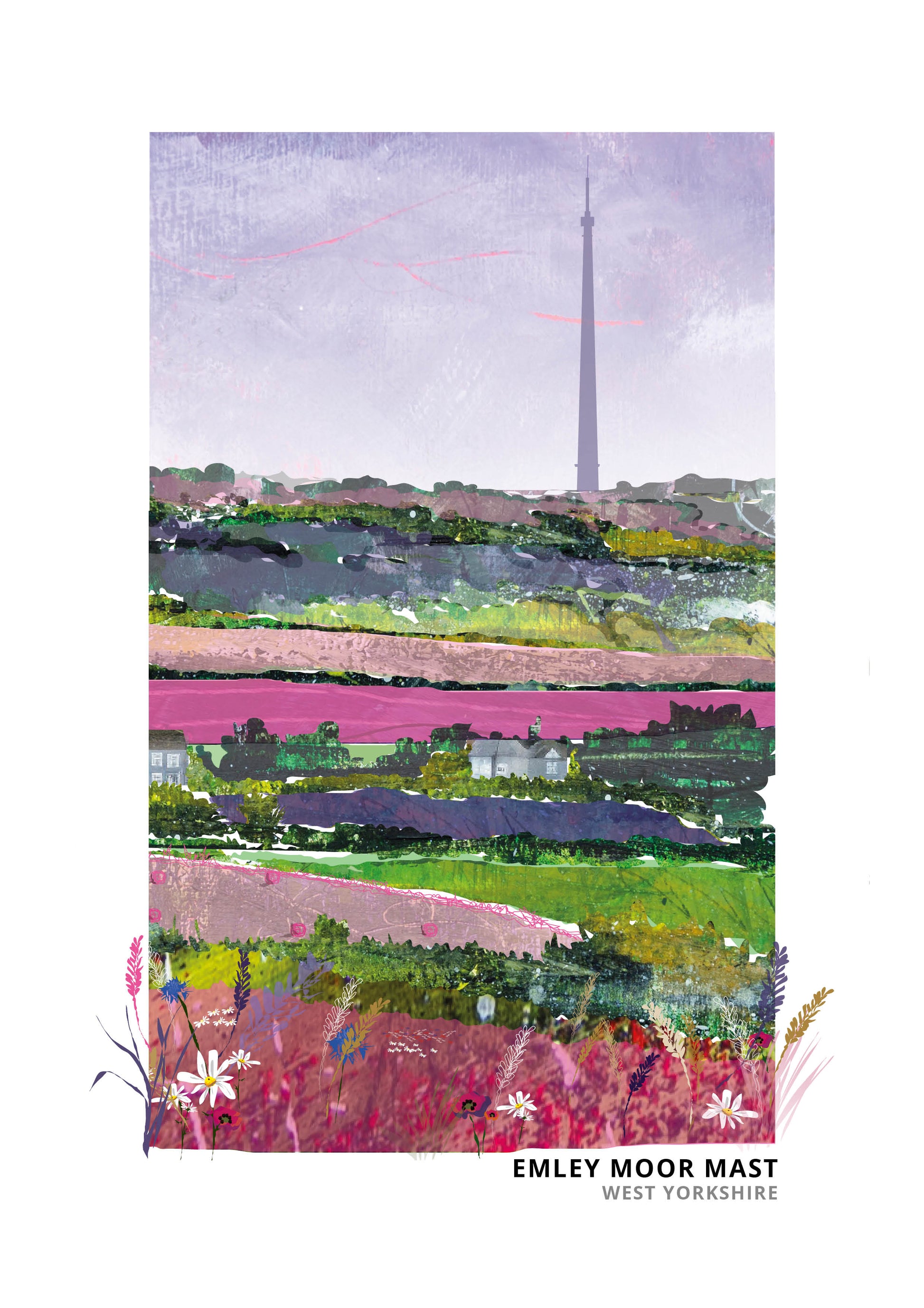A vertical art print featuring a watercolour landscape of Emley Moor with a prominent tower in the distance, surrounded by green fields, pinkish hills, and purple sky. The text 'EMLEY MOOR MAST WEST YORKSHIRE' is printed at the bottom on a white background.