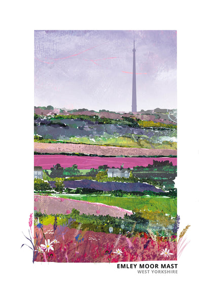 A vertical art print featuring a watercolour landscape of Emley Moor with a prominent tower in the distance, surrounded by green fields, pinkish hills, and purple sky. The text 'EMLEY MOOR MAST WEST YORKSHIRE' is printed at the bottom on a white background.