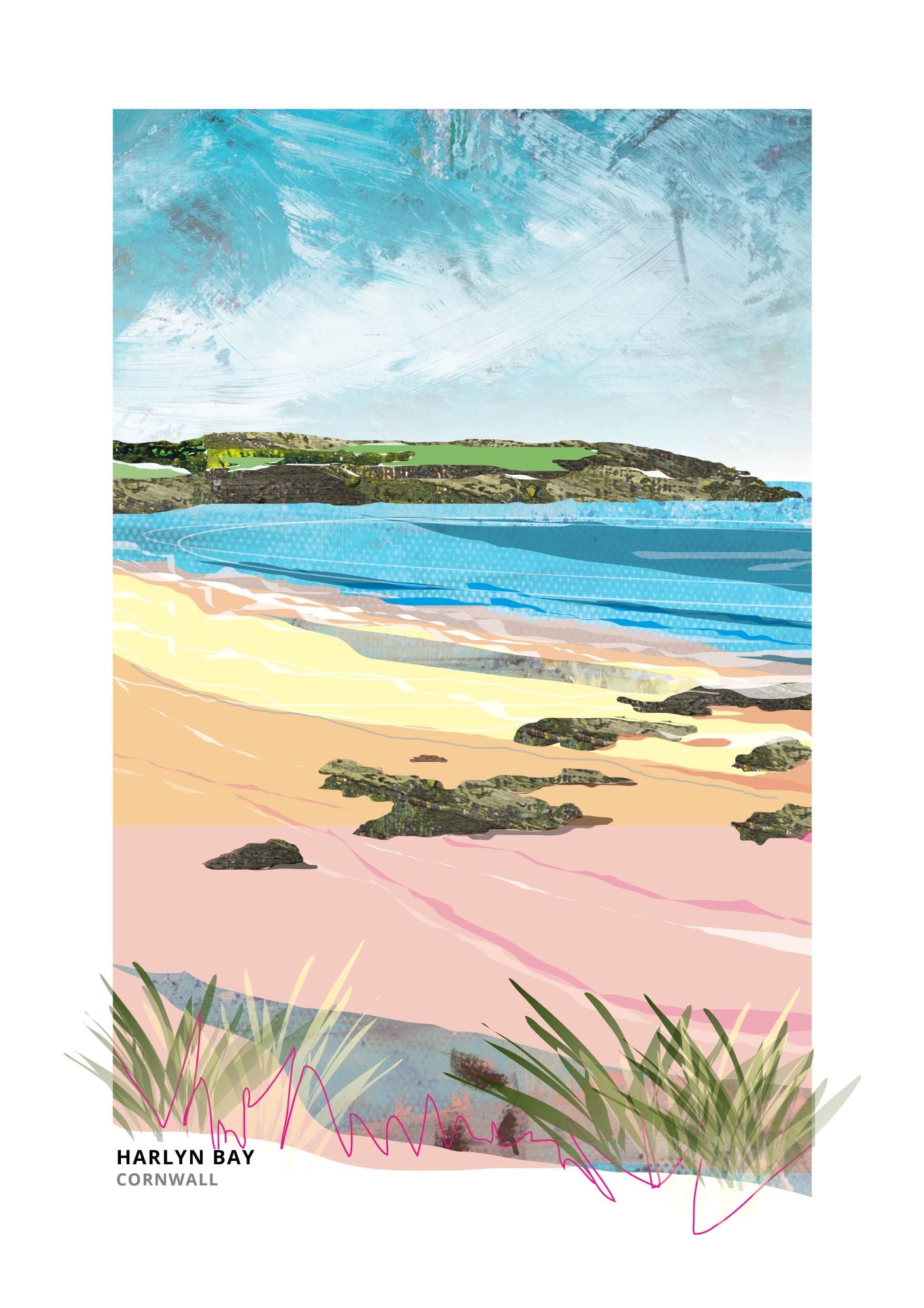 A stylised coastal landscape print showing Harlyn Bay, Cornwall, with layered beach and sea colours including blue water, pale yellow sand, pink foreground, green grass, and a textured sky. The text 'HARLYN BAY CORNWALL' appears at the bottom left.