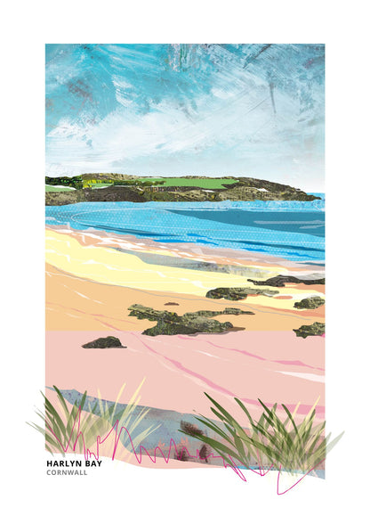 A stylised coastal landscape print showing Harlyn Bay, Cornwall, with layered beach and sea colours including blue water, pale yellow sand, pink foreground, green grass, and a textured sky. The text 'HARLYN BAY CORNWALL' appears at the bottom left.