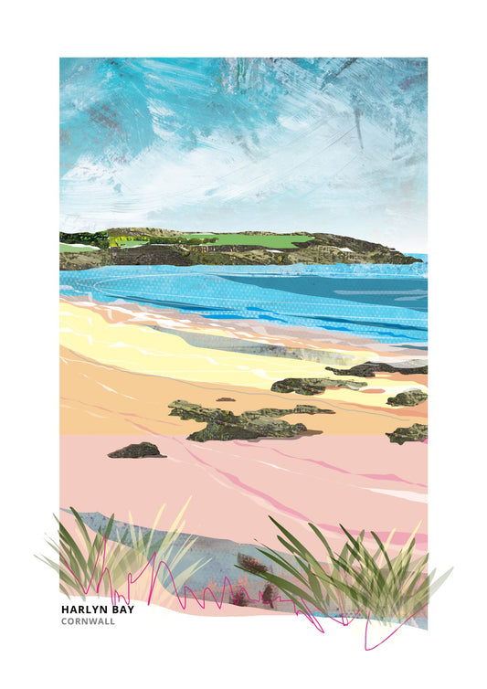 A stylised coastal landscape print showing Harlyn Bay, Cornwall, with layered beach and sea colours including blue water, pale yellow sand, pink foreground, green grass, and a textured sky. The text 'HARLYN BAY CORNWALL' appears at the bottom left.