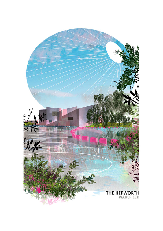 An architectural art print featuring a modernist building with a reflective pool, framed by stylised foliage and a large sunburst graphic on a white background. The text 'THE HEPWORTH WAKEFIELD' is printed at the bottom right.