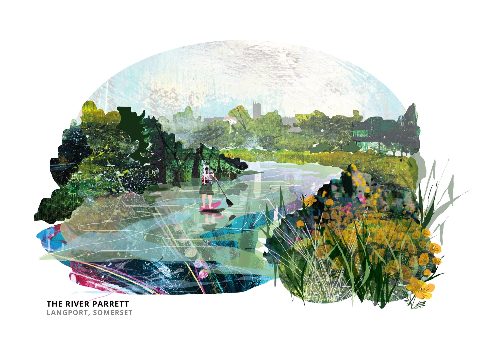 An artistic landscape print of The River Parrett in Langport, Somerset, featuring a double-exposure style collage of a river scene with a paddleboarder, trees, flowers, and a distant castle on the skyline, set against a solid white background.