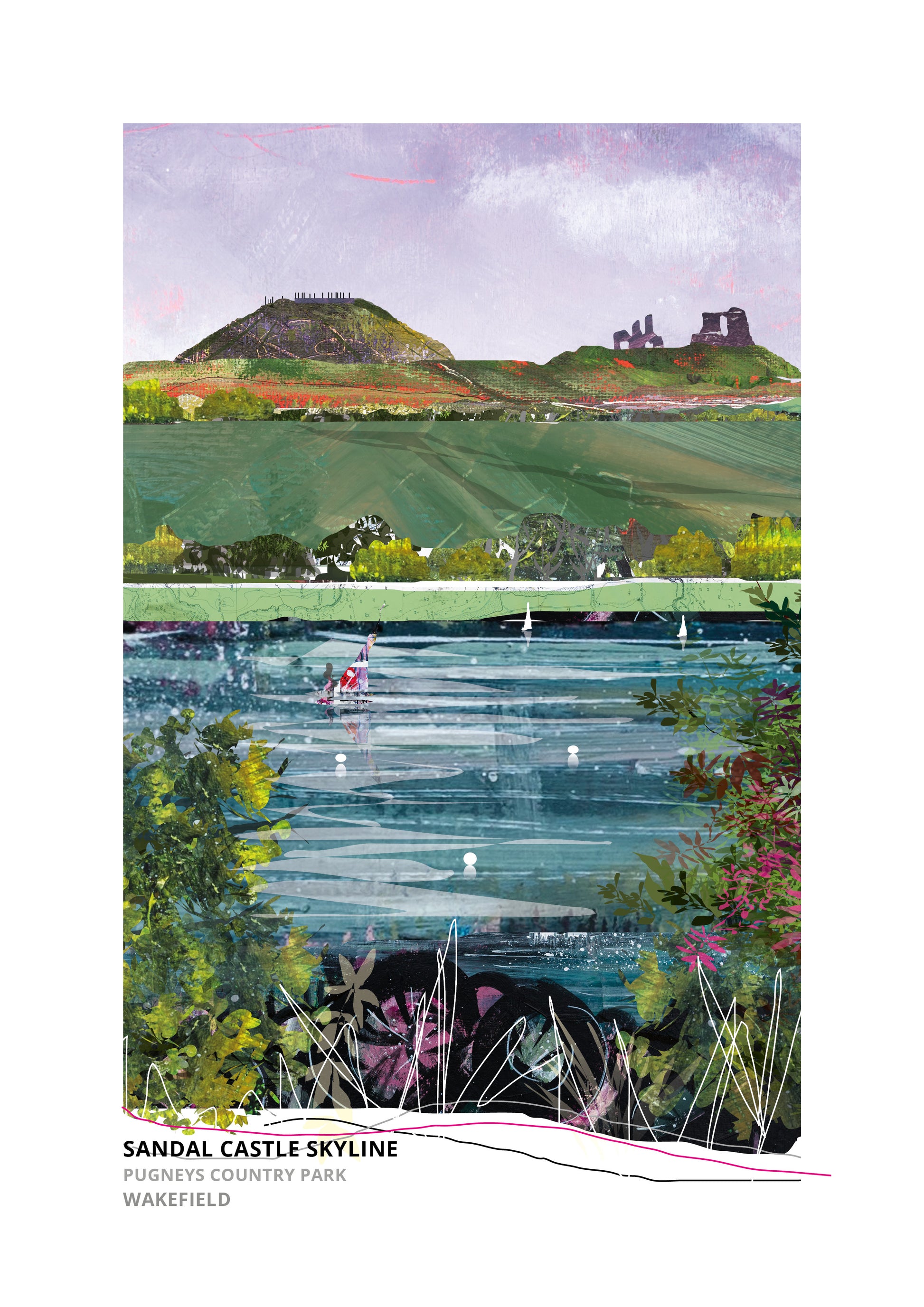 A scenic art print poster titled 'SANDAL CASTLE SKYLINE' from 'PAGETS COUNTRY PARK' in 'WAKEFIELD', featuring a textured watercolour landscape with green fields, a blue lake, and sandstone hills under a lavender sky.